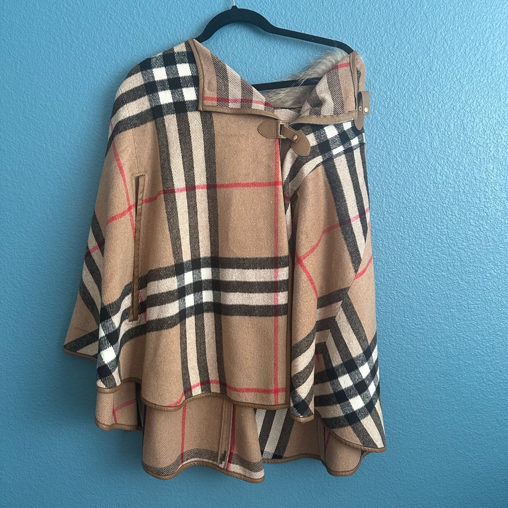 Beige Tartan Plaid Cape Poncho Jacket with fur lined hood